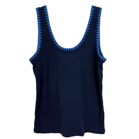 J.CREW Blanket Stitch Tank Top M Navy Blue Double Scoop Neck Ribbed NWT B8 - Picture 2 of 5